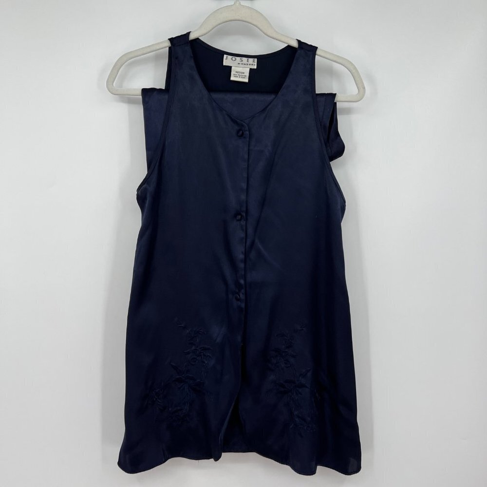 Natori Josie Pajama 2 piece Set Woman's size medium navy blue embroidered